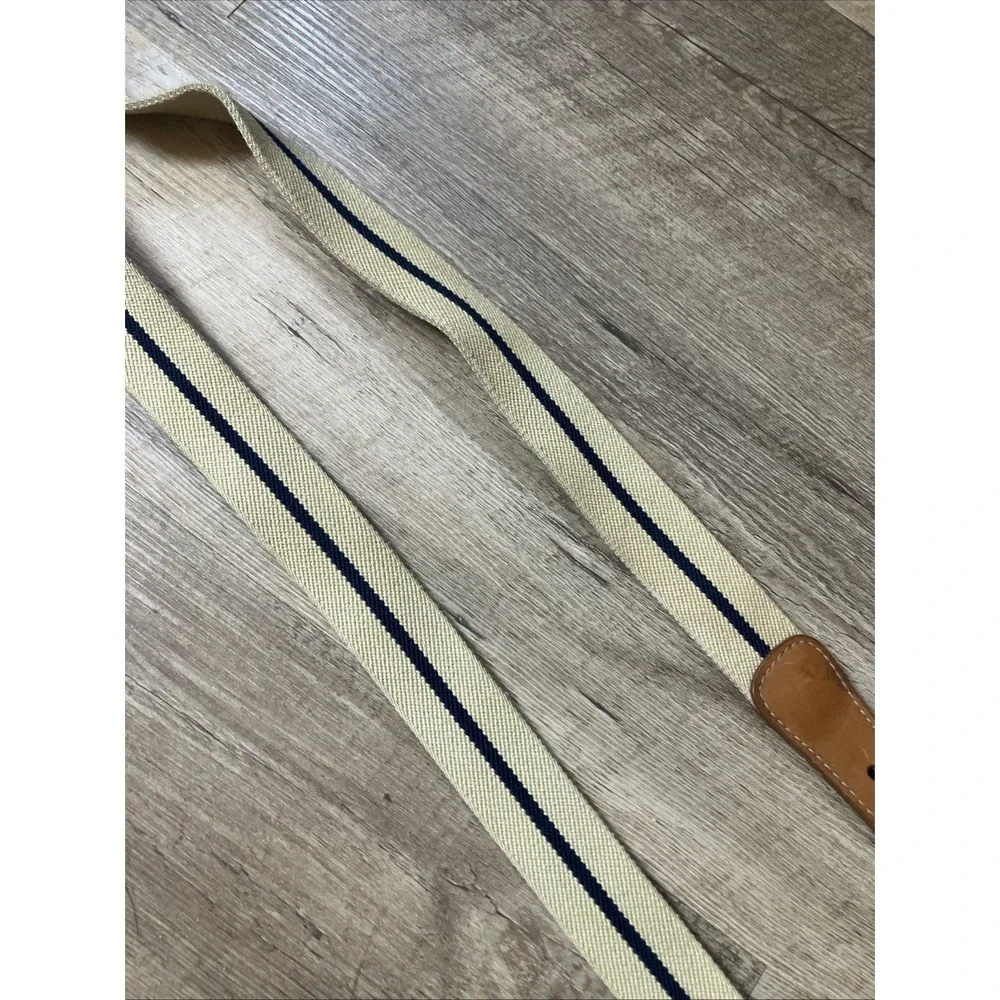 LL Bean Stretch Leather Belt Khaki Navy Stripe Woven Mens 38-40 Silver Buckle
